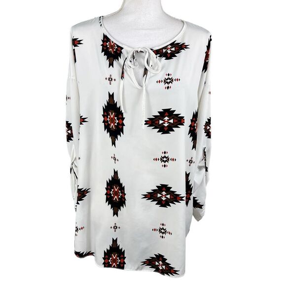 Daytrip Tops - Daytrip Aztec Western Print Long Sleeve Lightweight Blouse XL White Black